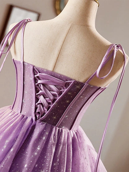 A-Line Sweetheart Neck Tulle Lace Short Purple Homecoming Dress