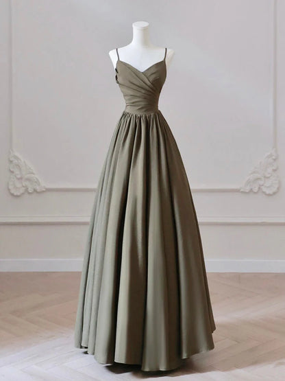 A-Line V Neck Satin Olive Green Long Prom Dress Long Prom Dress