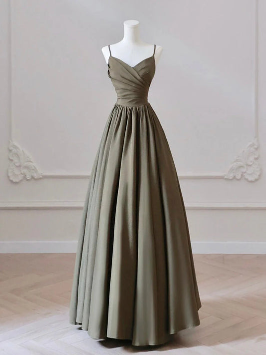 A-Line V Neck Satin Olive Green Long Prom Dress Long Prom Dress