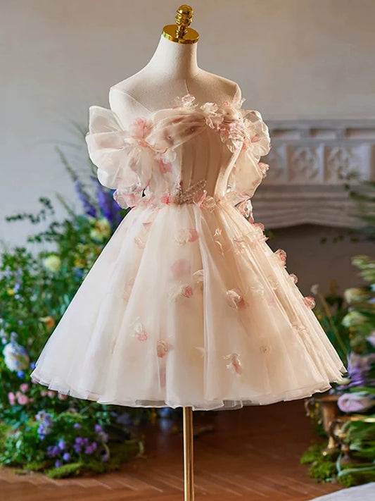 A-Line Off Shoulder Tulle Short Champagne Homecoming Dress