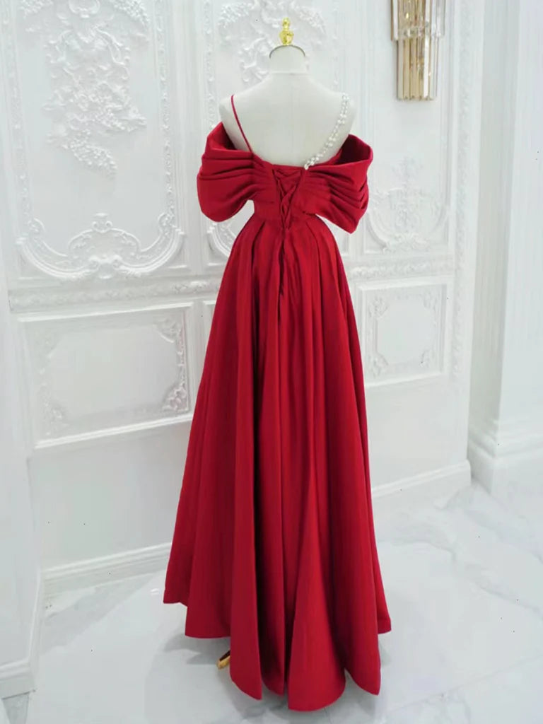 A-Line Off Shoulder Satin Red Long Prom Dress Red Long Formal Dress