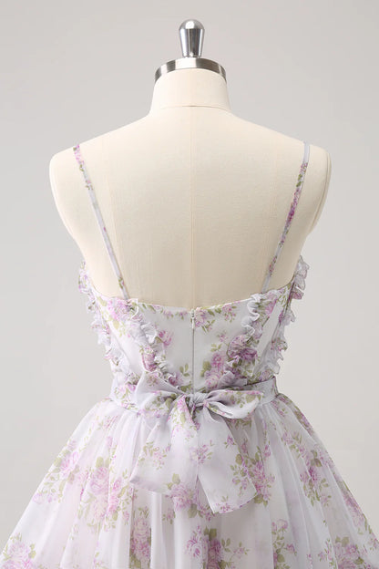 Lilac A Line Cut Out Tiered Print Floral Homecoming Dress