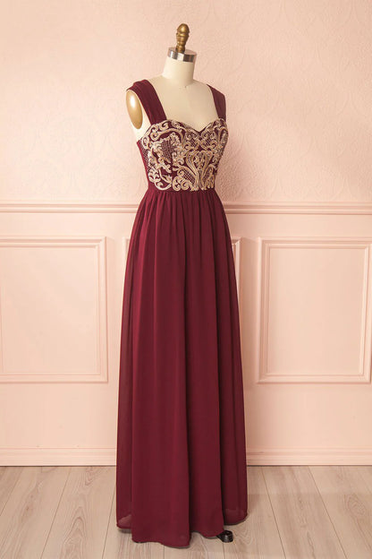 Burgundy chiffon lace applique long prom dress burgundy prom dress