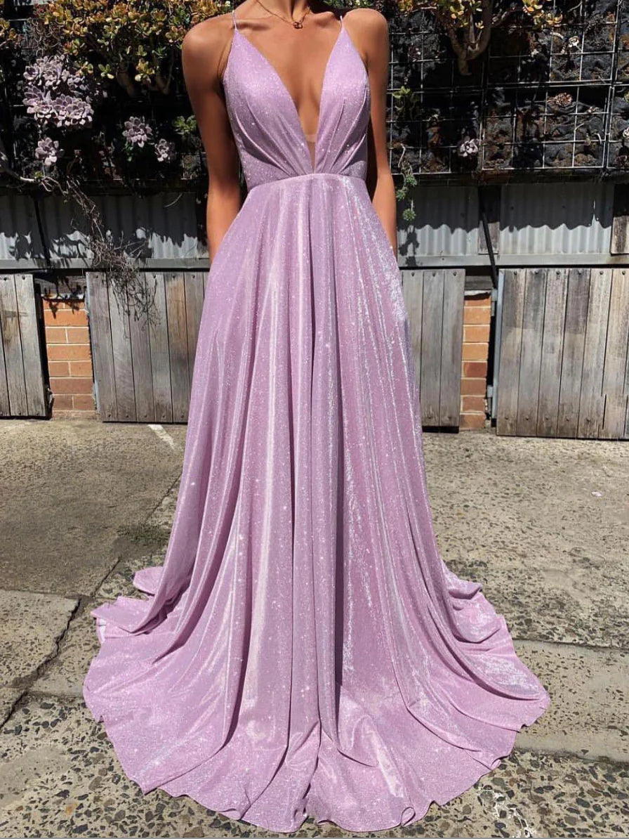 Simple V Neck Satin Long Prom Dress Purple Long Evening Dress