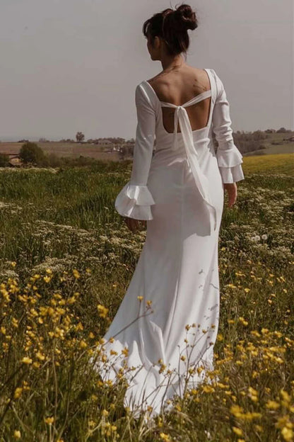 Square Neck Long Sleeve Long Wedding Dress with Slit