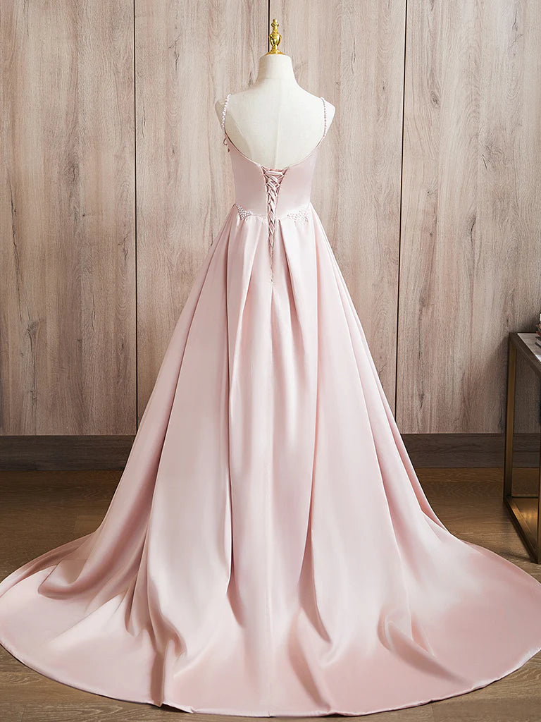 A-Line Satin Pink Long Prom Dress Pink Long Formal Dress