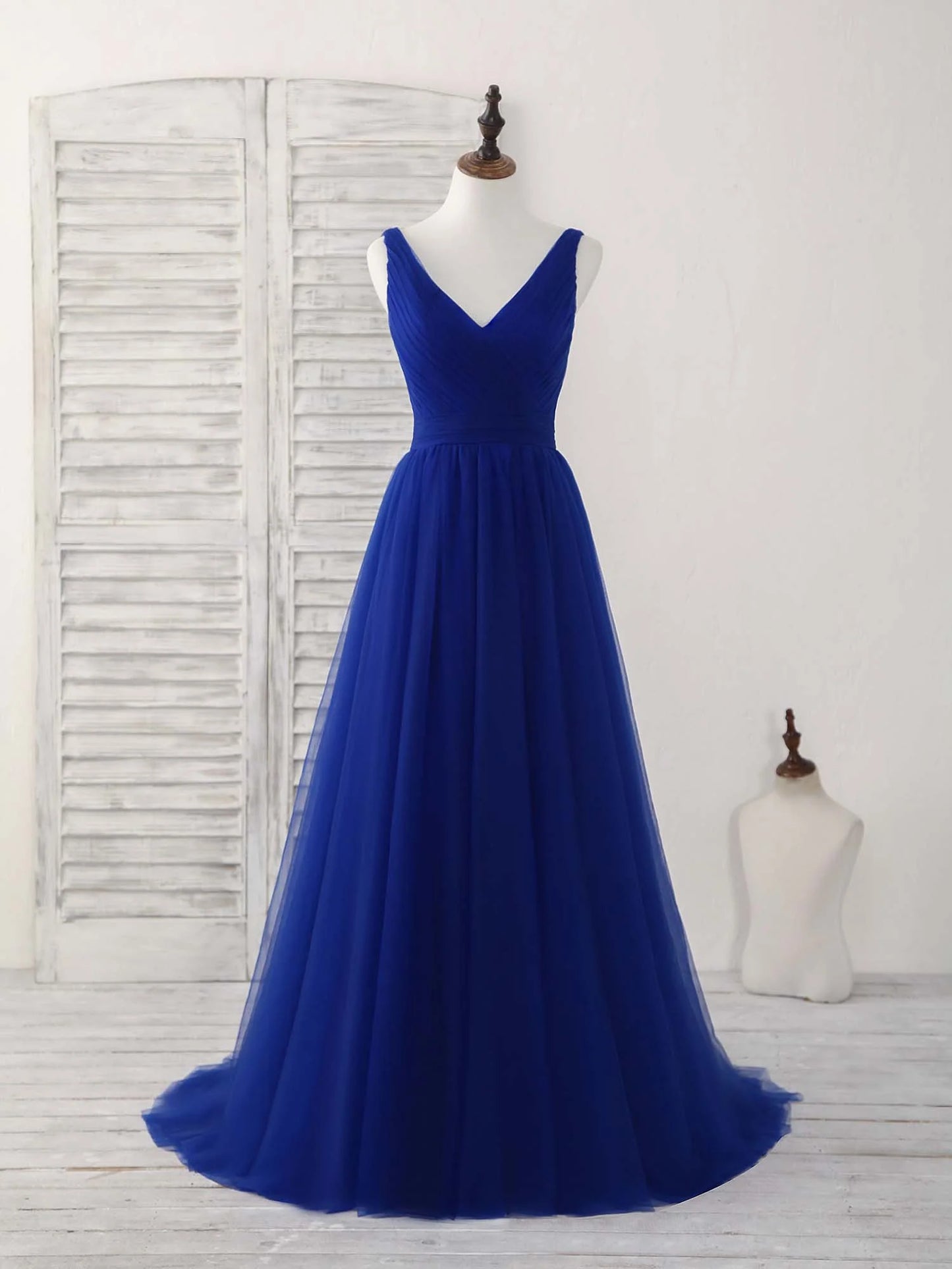 V Neck Royal Blue Tulle Long Prom Dress Blue Evening Dress