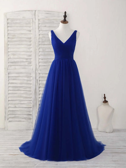 V Neck Royal Blue Tulle Long Prom Dress Blue Evening Dress