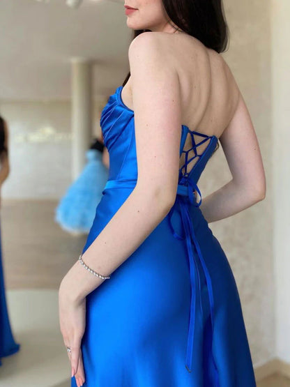 Simple blue satin long prom dress blue formal prom dress