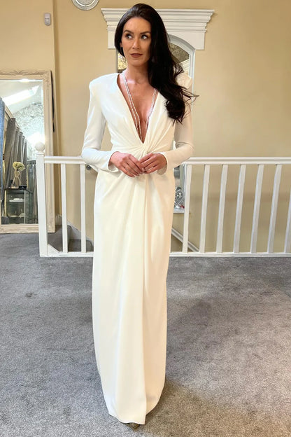 Plunge V Twisted Knot Long Wedding Dress with Long Sleeves