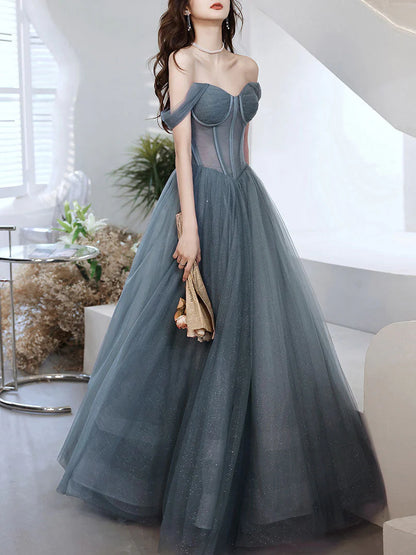 Gray blue sweetheart neck tulle long prom dress white tulle  prom dress