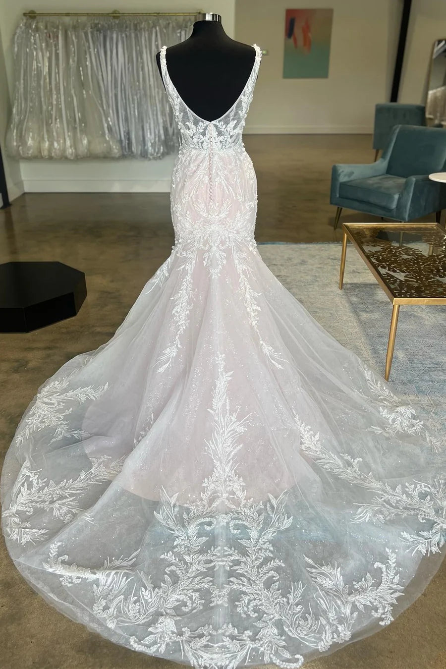 Appliques Plunge V Trumpet Long Bridal Gown