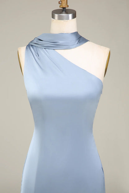 One-Shoulder Long Satin Dusty Blue Bridesmaid Dress