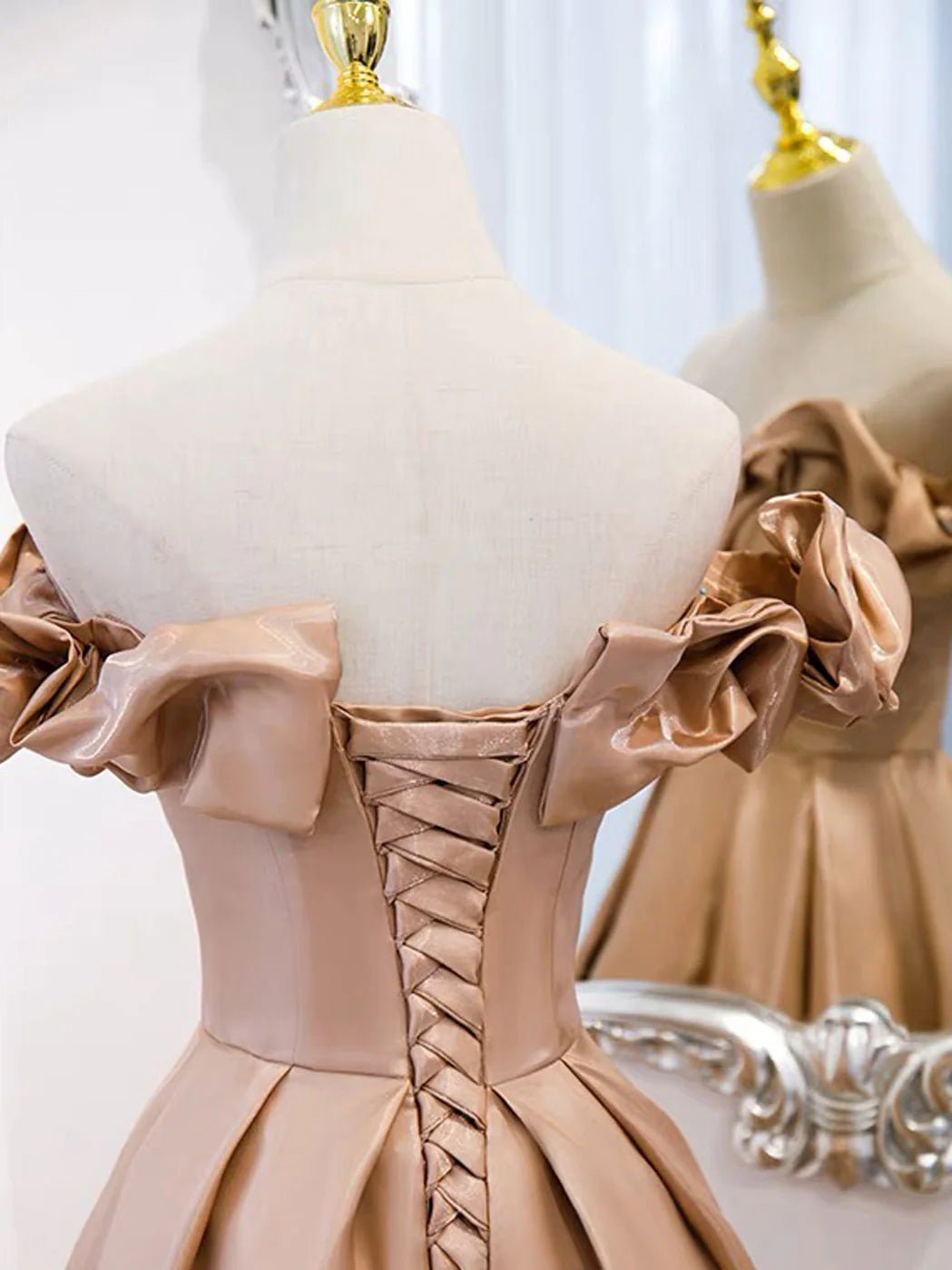 A-Line Off Shoulder Satin Champagne Long Prom Dress Champagne Formal EveningDress