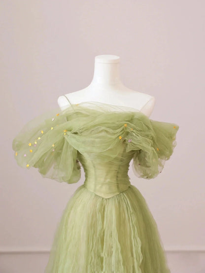 Green A line tulle long prom dress simple green formal prom dress