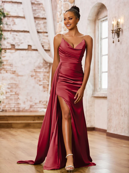 OKBBN tight slim shoulder strap soft satin sexy slit bridesmaid dress