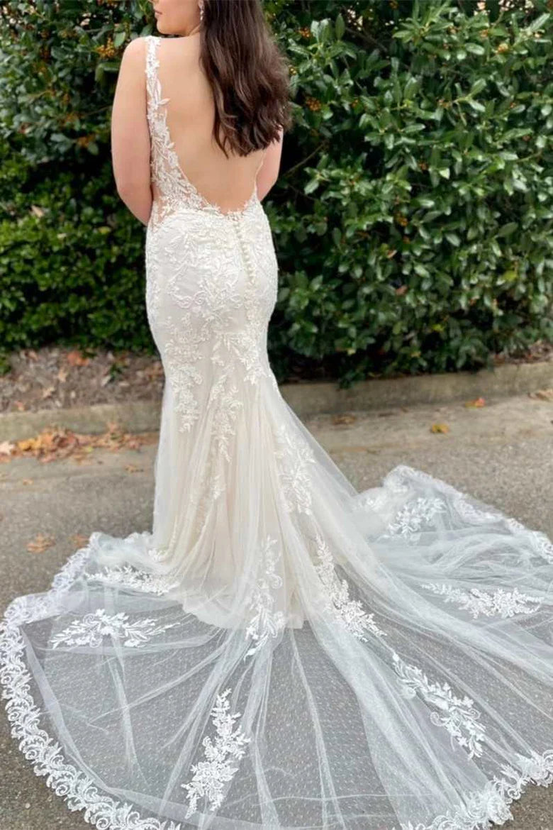 Lace Illusion Neck Mermaid Long Bridal Gown