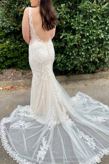Lace Illusion Neck Mermaid Long Bridal Gown