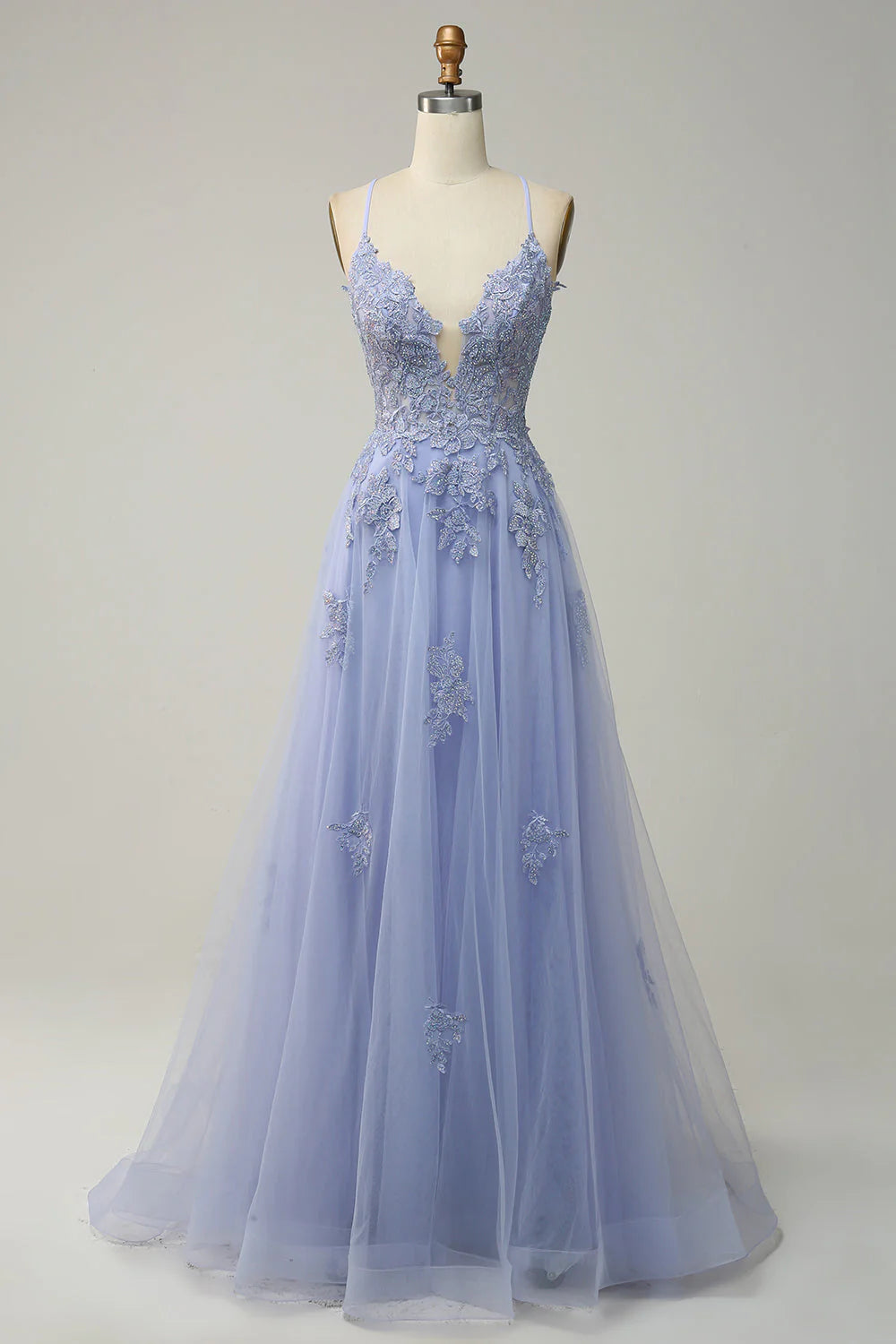 OKBBN Elegant A-line Thin Shoulder Strap Long Embroidered Ball Dress