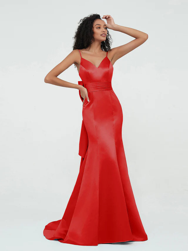 OKBBN thin shoulder strap satin mermaid bridesmaid dress