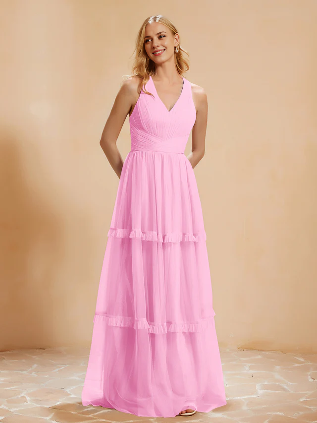 OKBBN V-neck pleated ruffle and ground chiffon bridesmaid dress