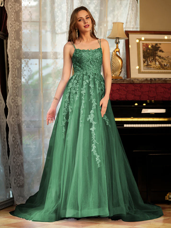 OKBBN A-line princess chiffon thin shoulder strap decal long evening gown