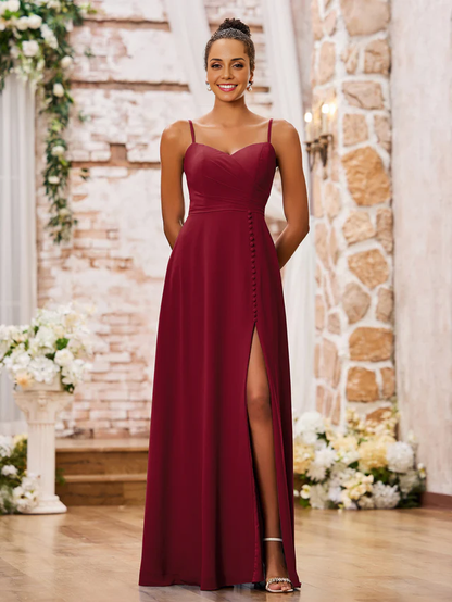heart-shaped collar with thin shoulder straps chiffon bridesmaid dress