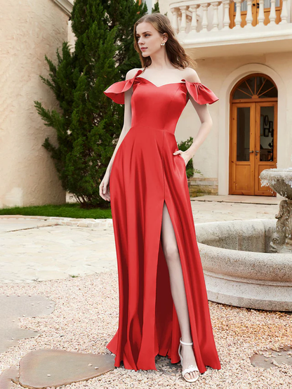 OKBBN Elegant Off Shoulder Satin Bridesmaid Dress
