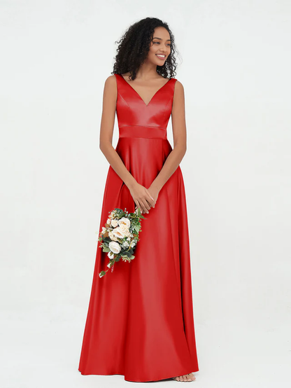 OKBBN Princess V-neck satin pocket bridesmaid dress