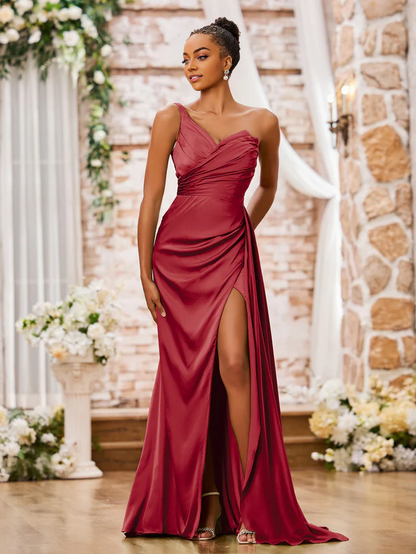OKBBN one shoulder sweetheart high slit sexy bridesmaid dress