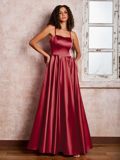 OKBBN Square Neck Thin Strap Satin Bridesmaid Dress