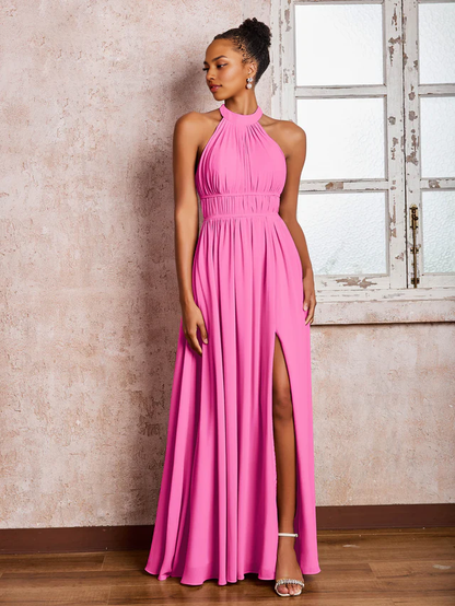 OKBBN pleated neck hanging chiffon split bridesmaid dress