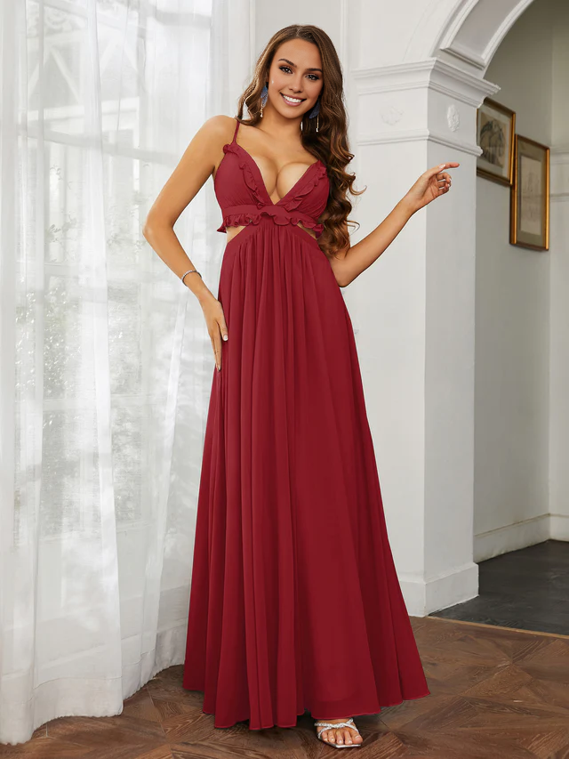 OKBBN thin shoulder strap ruffle edge chiffon hollow out ultra long sexy bridesmaid dress