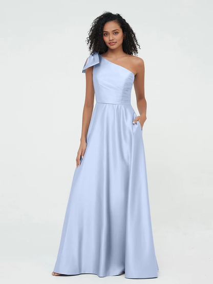 OKBBN One Shoulder Long Satin Sleeveless Bridesmaid Dress