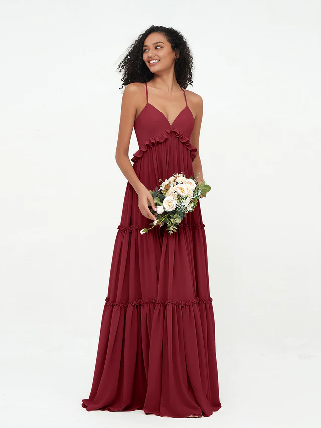 OKBBN chiffon thin shoulder strap layered sleeveless bridesmaid dress