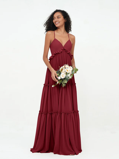 OKBBN chiffon thin shoulder strap layered sleeveless bridesmaid dress