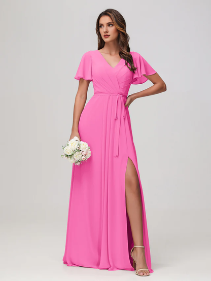 OKBBN pleated chiffon bridesmaid dress with flowing sleeves