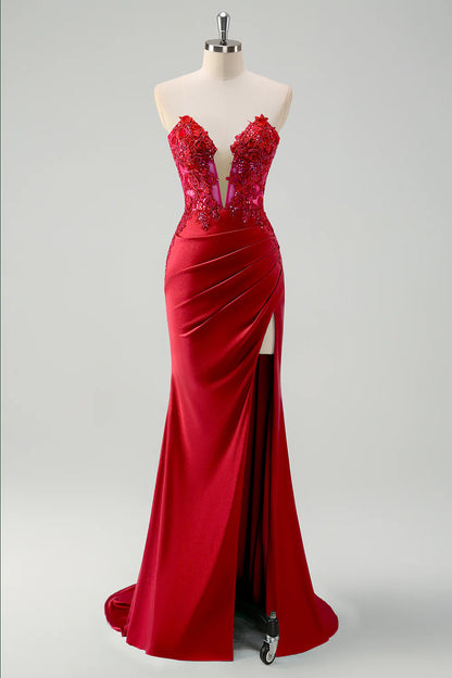 OKBBN mermaid tight corset pleated long slit dance dress