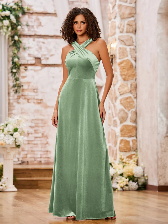 OKBBN Velvet Sleeveless Long Bridesmaid Dress
