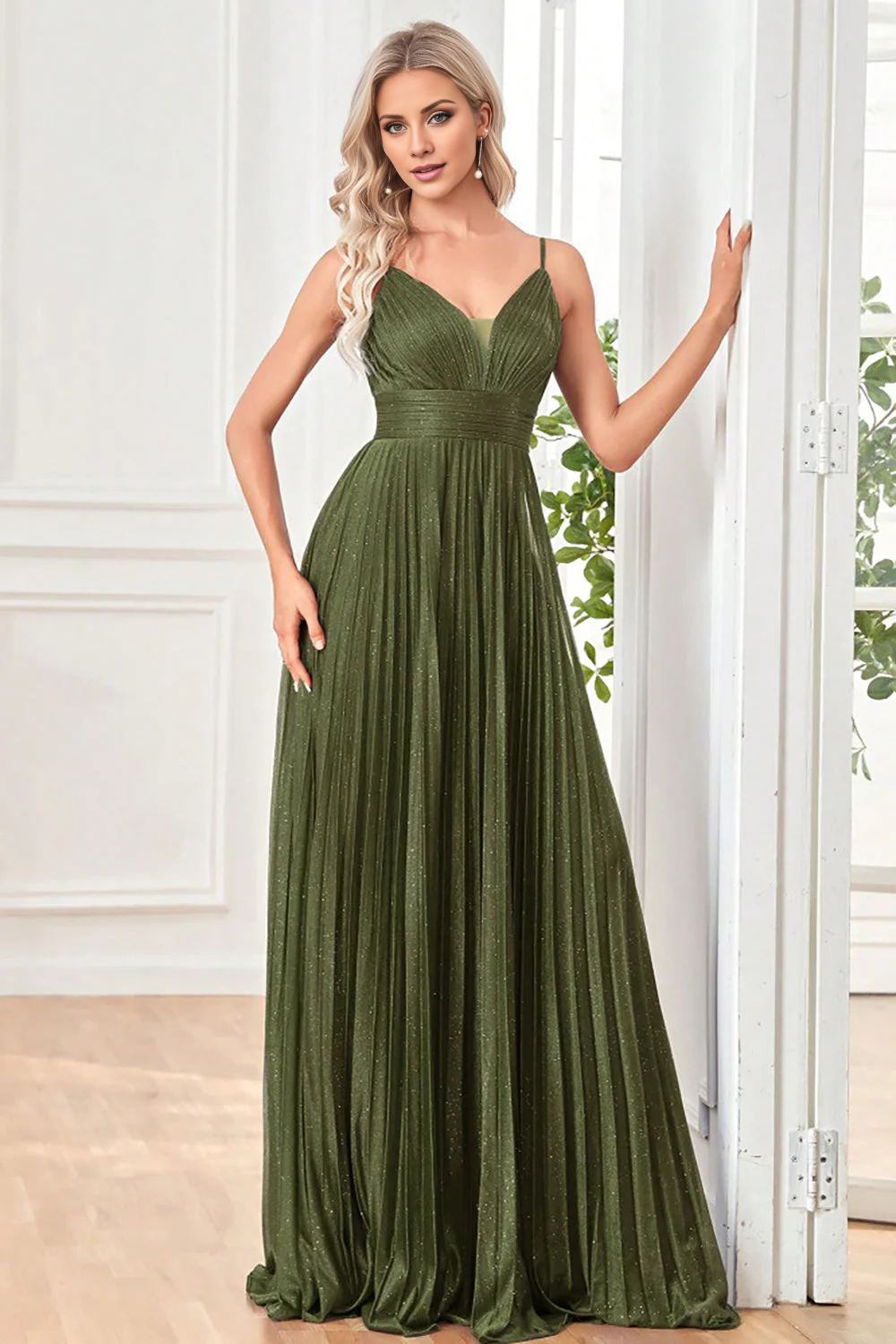 OKBBN A-line thin shoulder strap pleated long ball gown