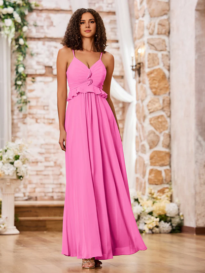 OKBBN slim shoulder strap A-line chiffon bridesmaid dress