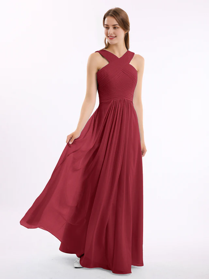 OKBBN Cross Shoulder Chiffon High Waist Bridesmaid Dress