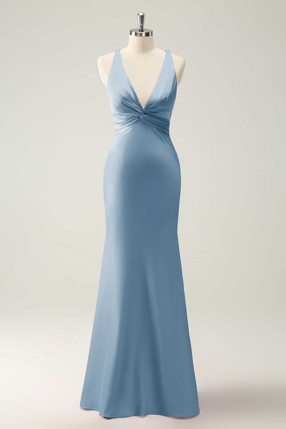 OKBBN Mermaid V-neck Satin Long Bridesmaid Dress