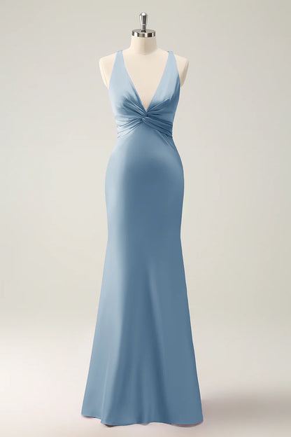 OKBBN Mermaid V-neck Satin Long Bridesmaid Dress