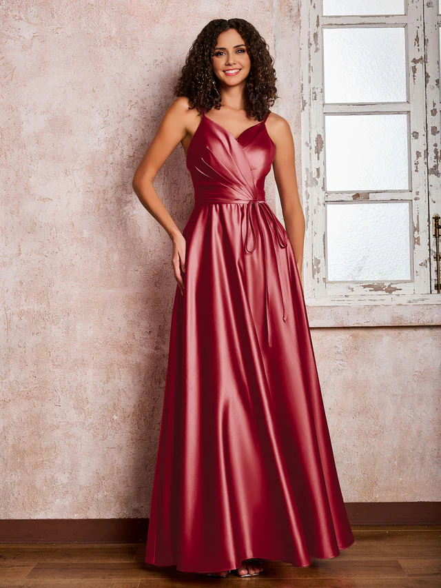 OKBBN Princess Thin Shoulder Strap Long Satin Bridesmaid Dress