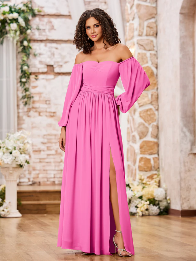 OKBBN off shoulder long sleeved chiffon split bridesmaid dress