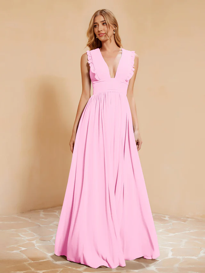 OKBBN deep V-neck ruffled pleated bridesmaid dress