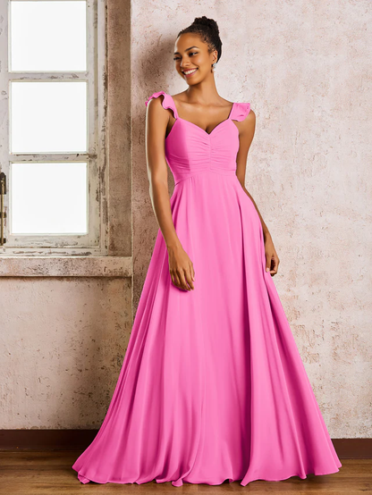 OKBBN pleated shoulder strap sleeveless A-line chiffon bridesmaid dress