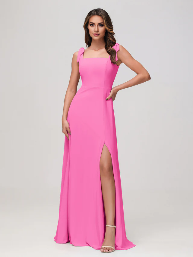 OKBBN square neckline sleeveless and floor chiffon bridesmaid dress