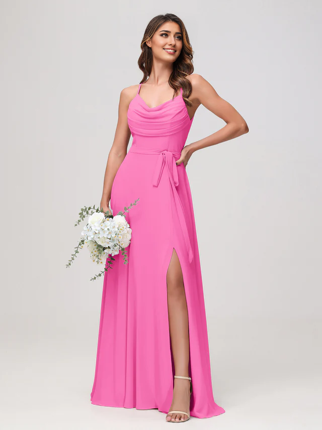 OKBBN sexy scarf collar pleated chiffon slit bridesmaid dress